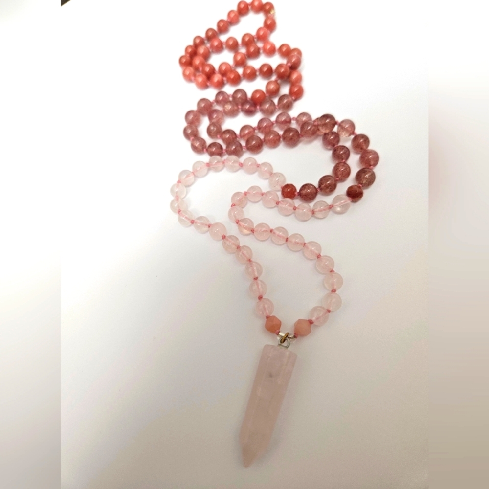 Hand Knotted Rose Quartz, Strawberry Quartz & Thulite 108 bead Mala necklace